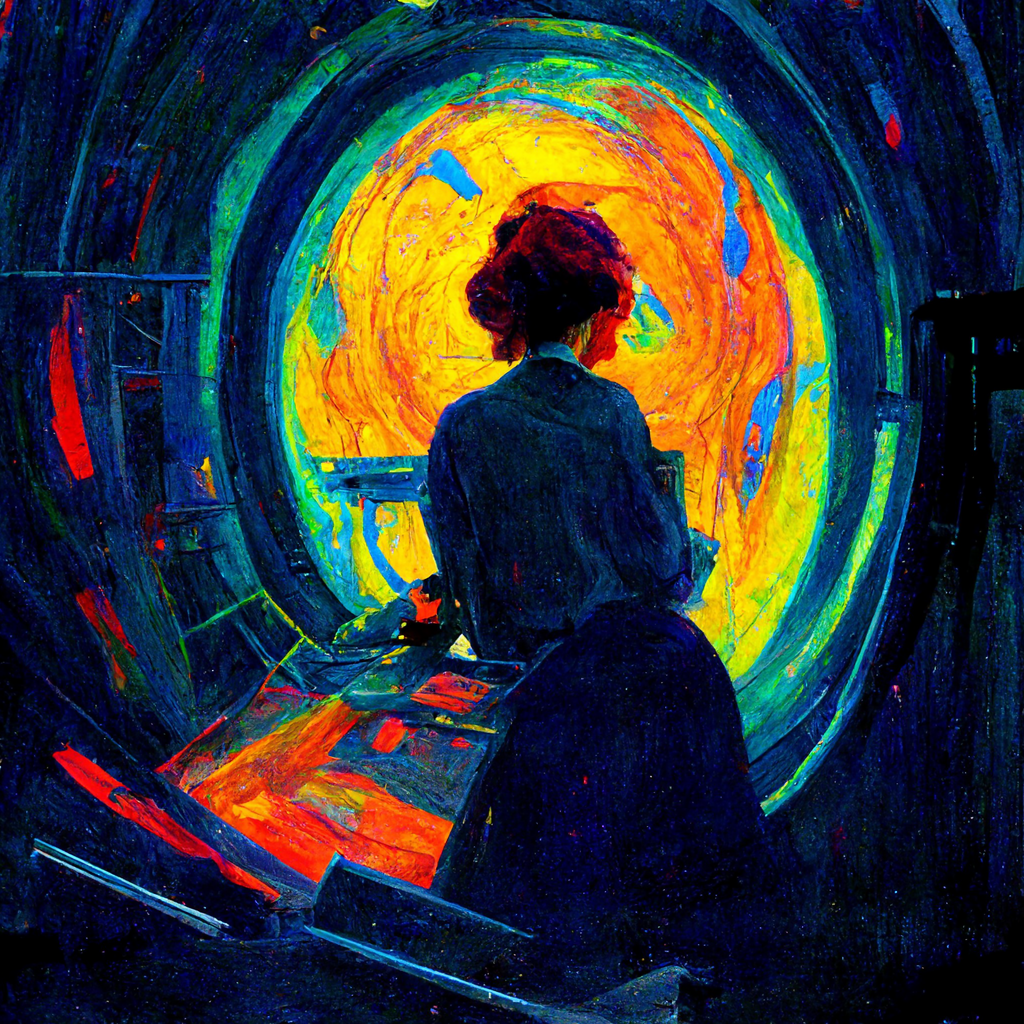 Winning Image from the #MunchAI Competition. The text prompt for the image was ´A female scientist sitting inside the ATLAS detector watching particles collide in bursts of color, painted in the style of Edvard Munch´