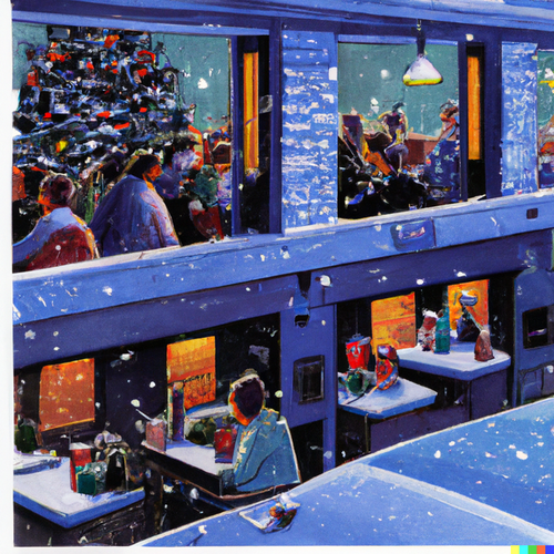 Risograph print similar to Edward Hopper's Nighthawks "Nighthawks" in a festive bar, a Christmas tree within, decorations galore, with snow-dusted str